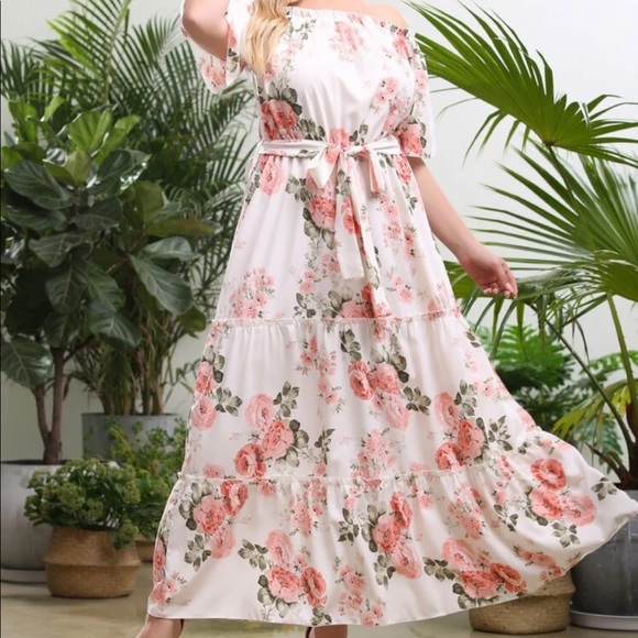Boho plus floral print belted off shoulder dress - Picture 4 of 7